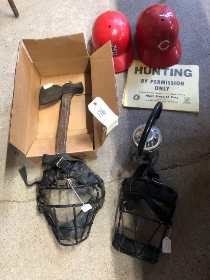 Camping lantern, no hunting signs, 2 catchers masks, plastic Reds baseball cap, plastic red