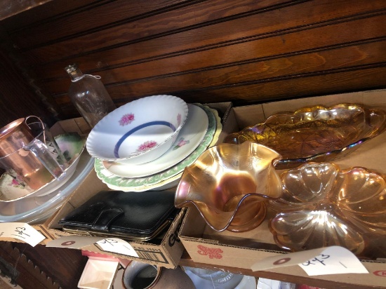 2 pie plates, 3 Carnival glass pieces Amber, Des Moines bottle, black clutch purse, misc bowls,