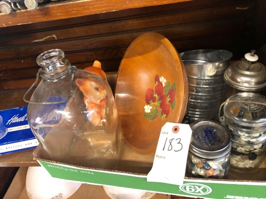 Glass milk jug, Carnival chalk ware bank, wooden bowl, jars full of buttons, Handy Hostess Kit,