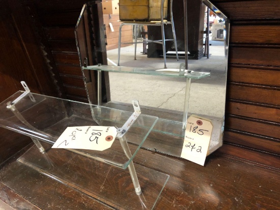 Glass shelf, beveled glass mirror with small scratches. NO SHIPPING.
