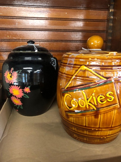 Black cookie jar, brown barrel cookie jar.