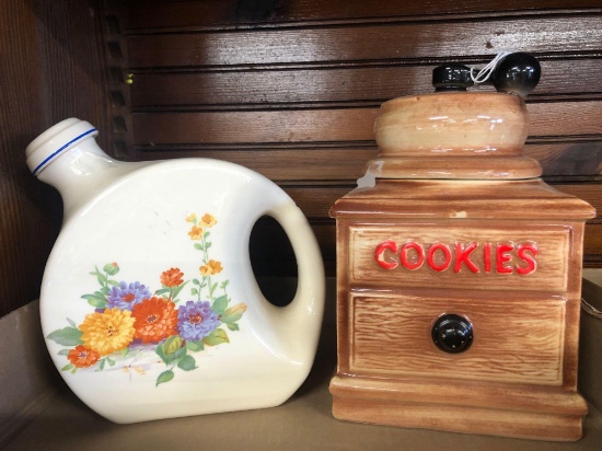 Water refrigerator jar with lid, McCoy coffee grinder cookie jar.