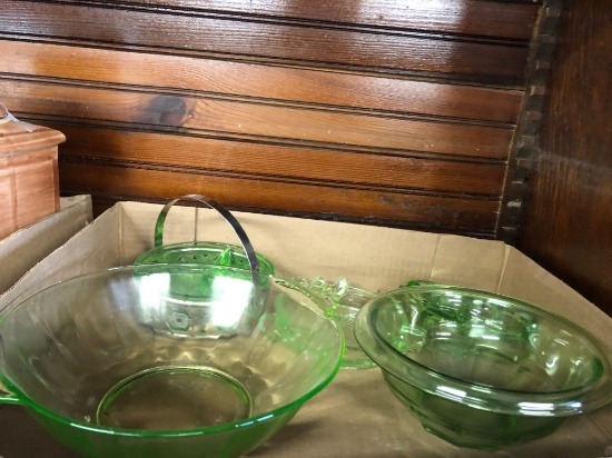Green depression glass 2 cigar ash trays, 2 bowls 1 divided dish.