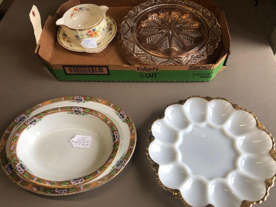 Limoges of France bowl and platter, Pareek of England gravy boat.