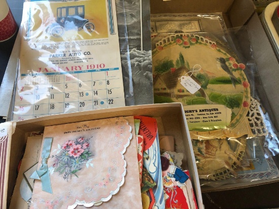 Box of Valentines, lithographs of Saturday Evening Post, misc embossed paper and calendars.