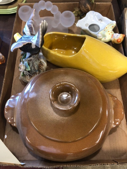 Frankoma yellow wooden shoe, Frankoma bean pot, 2 bird figurines, frosted glass candle holder.