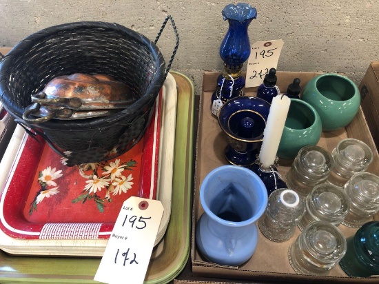 Metal serving trays, 2 Turkish molds, 7 glass insulators, 2 green Haeger vases, Pythagoras cup