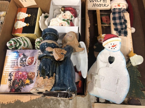 Christmas salt and pepper shakers 5 sets, angle candle holder, metal snow man, wooden snow man.