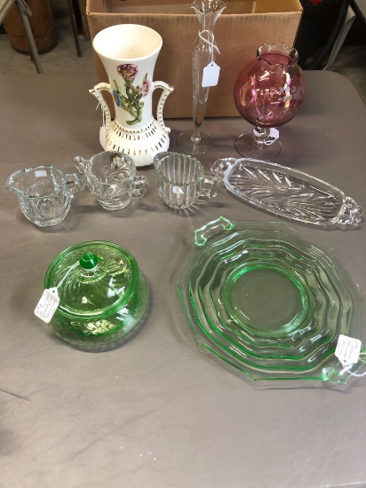 Green candy dish depression glass with lid, green swirl depression glass serving plate, etched glass