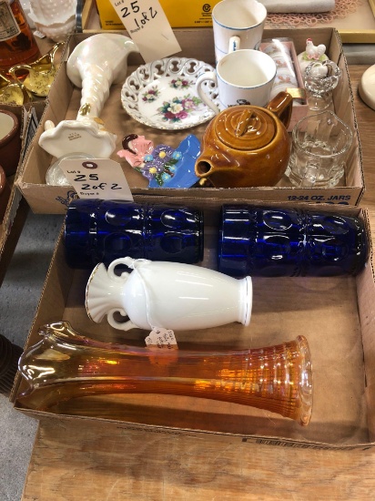 McCoy small brown teapot, Betsy Clark napkin rings, pearlized in gold cornucopia 22 karat vase,