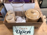 Closed Open sign, Rose cookie jar, glass lamp covers, large hurricane glass.