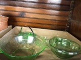 Green depression glass 2 cigar ash trays, 2 bowls 1 divided dish.