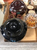 Ribbed round covered dish, black flower cookie jar, two Weller custard cups, bean pot, salt and