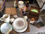 Czech 4 footed dish, 4 Hedgerow English plates, USA Ovenware pitcher salt and pepper and 3 plates.