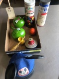 2 maracas, Mickey Mouse hat, vintage toy top, Junior Tinker Toys, Toy container empty.