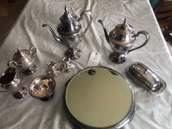 Castleton silver set including #801 coffee pot, #802 tea pot, # 804 creamer, #808 sugar, #887 Rogers