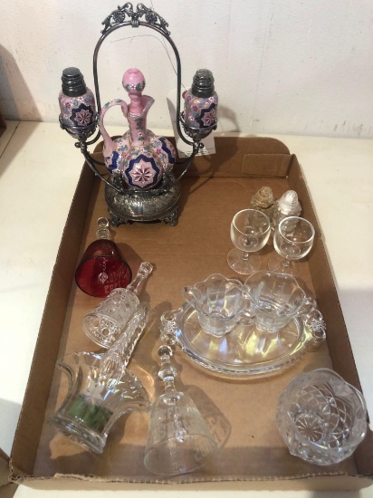 Salt/pepper/vinegar in holder plus other glass cream and sugars, glass baskets, bells and more