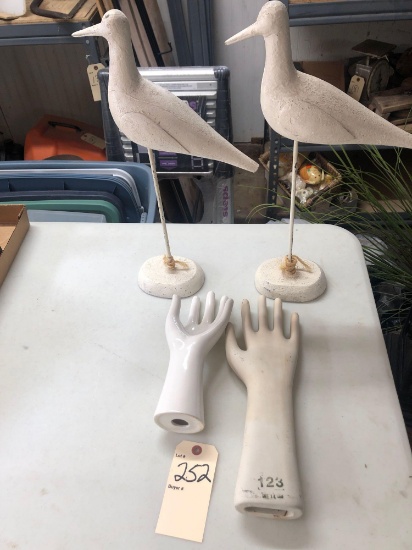 2 Birds on Pedestals and 2 Ceramic Hands