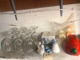 Pair of Wooden Shoes, Stem Glassware and Figurines