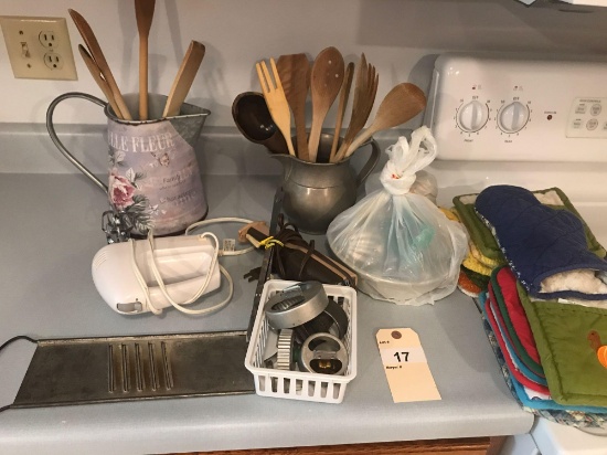 Various Wood Kitchen Utensils, Pitchers, Oven Mitts and More