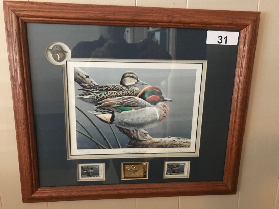 Ducks Unlimited Framed Print w/Stamps by Neal Anderson "Green-Winged Teal" 271/2200, 19.5'' x 16.5''