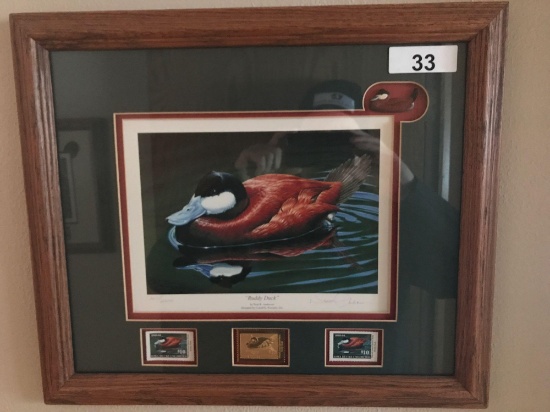Ducks Unlimited Framed Print w/Stamps "Ruddy Duck" 267/2200, 19.5''x16.5''