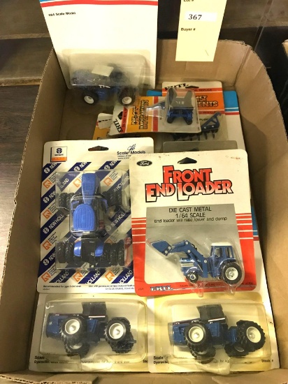 Assortment of 1/64 Scale Ertl Ford and New Holland Tractors and Farm Machinery