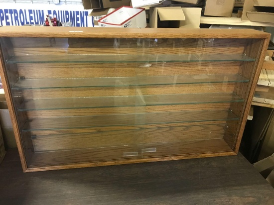Oak Wall Display Cabinet 40'' W x 24'' T x 5 1/4'' D with Glass Shelves and Glass Sliding Doors - NO