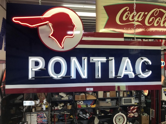 Neon Lighted Pontiac Sign, 5' W x 33'' T x 12'' D. NO SHIPPING AVAILABLE!