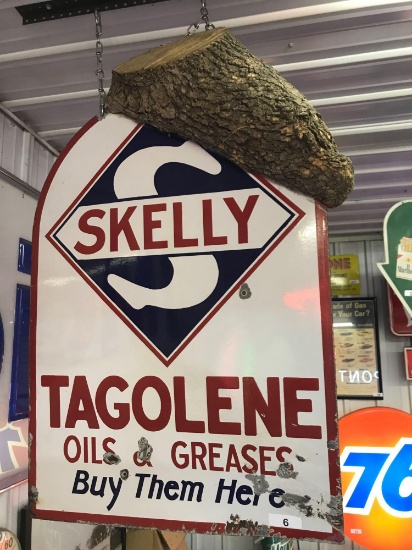 Double Sided Skelly Metal Sign, 39''T x 28''W with Tree Growth and Lodged bullet. NO SHIPPING