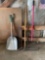 Aluminum scoop shovel, hoe, rake with fiberglass handle, crow bar, 2 steel screw in stakes.