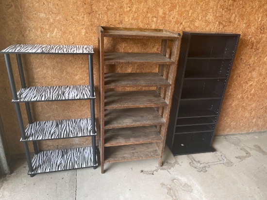 Mission Oak seven tier shelf, four tier plastic shelf, seven tear adjustable wood cabinet.