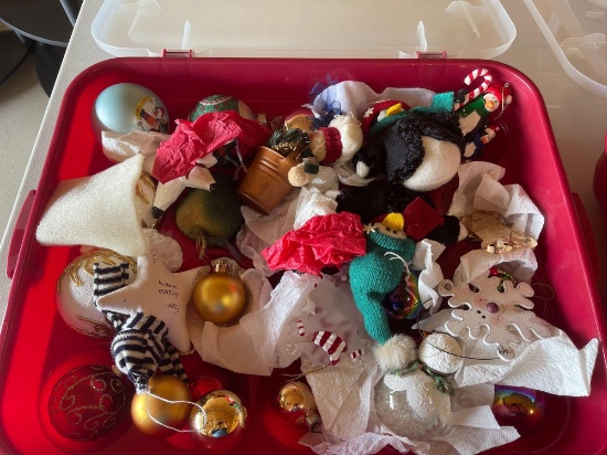 4 Sterilite containers full of Christmas bulbs, ornaments, figurines, decorations.