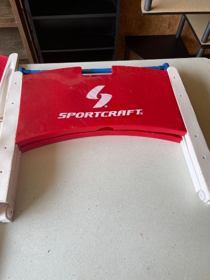 Sport craft game, badminton rackets, balls, frisbees, miscellaneous children's plastic toys.
