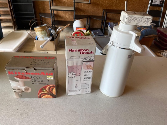 Air pot, Kitchen Aid food grinder mixer attachment, Hamilton Beach single serve blender. Shipping