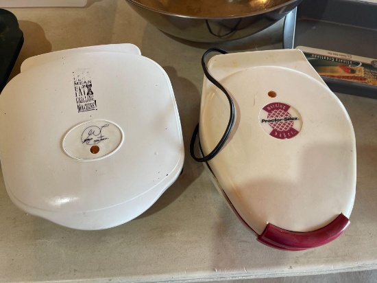 George Foreman and Proctor Silex grilling machines, large mixing bowl, grilling tools, arm weights,