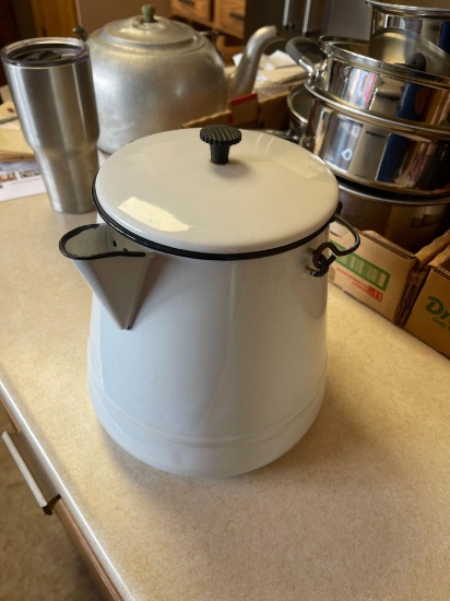 White enamel ware coffee pot with lid (excellent).... Shipping