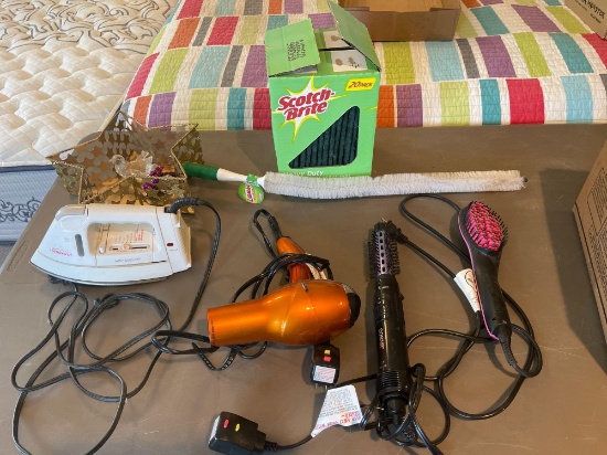 Sunbeam iron, hair dryer, hair curler, woven rug placemats etc