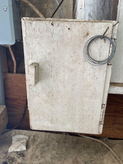 Wooden crate, birdfeeder, small wooden cabinet with contents, two filter wrenches, bearings,