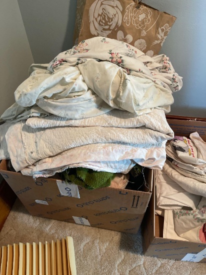 Large box of miscellaneous linen, box of miscellaneous tablecloths...and some fancy work, box of
