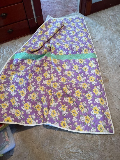 Tote full of miscellaneous hot pads, napkins, pillowcases etc., sunflower quilt, Holy Name Church