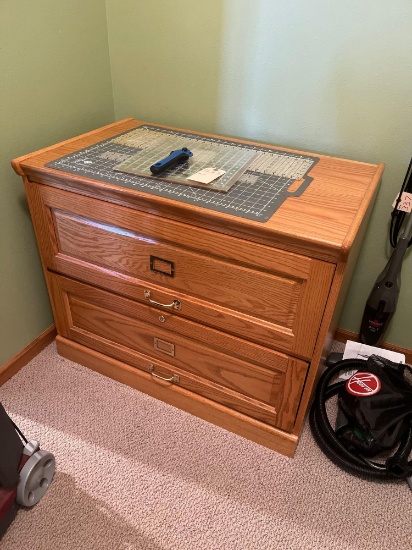 Oak two drawer large filing cabinet, measuring 36 inches W, 29 inches H, 22 inches D. (nice).