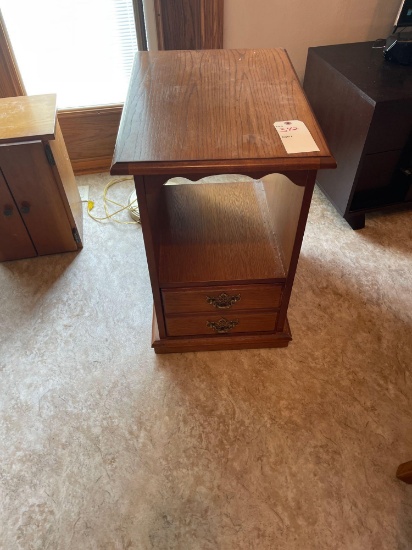 Double sided end table with drawers to the front and magazine rack on the back, small wooden