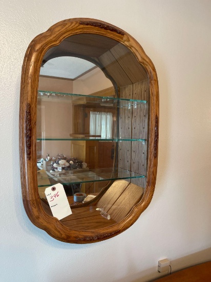 Oak display wall hanging mirror with 3 glass adjustable shelves