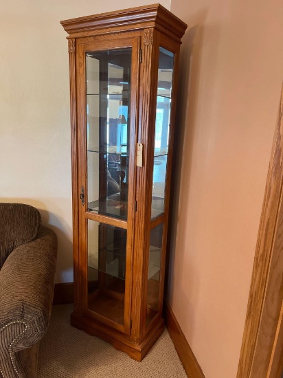 Really nice oak 76'' tall Curio cabinet, glass display on all 4 sides, lighted, 4 glass adjustable