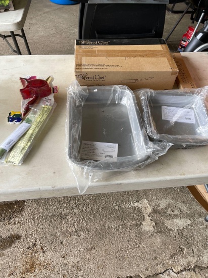 Pampered Chef:... rectangle baking pan and square baking pan, candy thermometer, 8" stainless steel