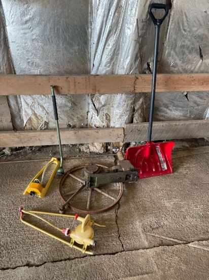 V & K Electric service water pump, snow shovel, two sprinklers, watering nozzle.