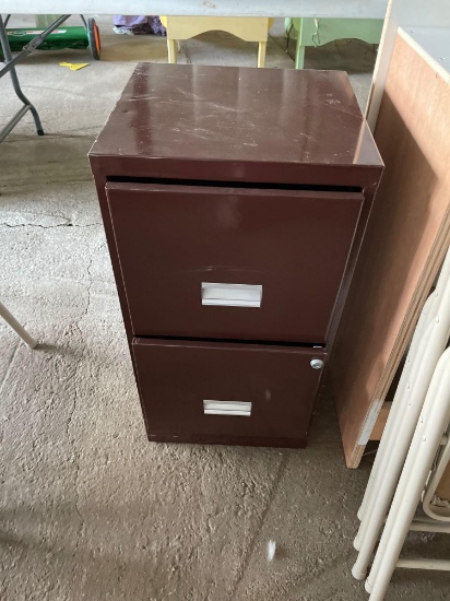 2 drawer metal filing cabinet, 4 cosco...folding chairs, wooden work bench