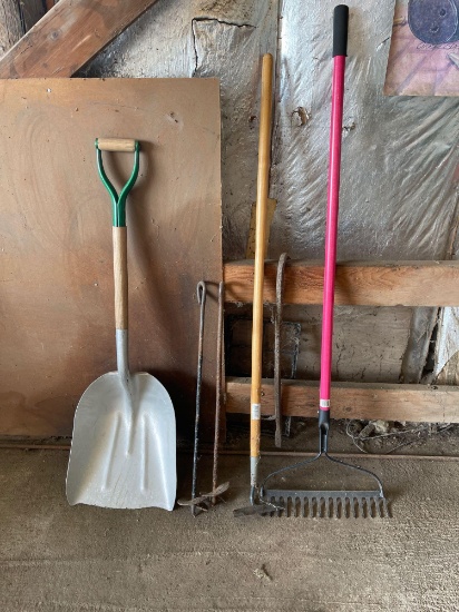 Aluminum scoop shovel, hoe, rake with fiberglass handle, crow bar, 2 steel screw in stakes.