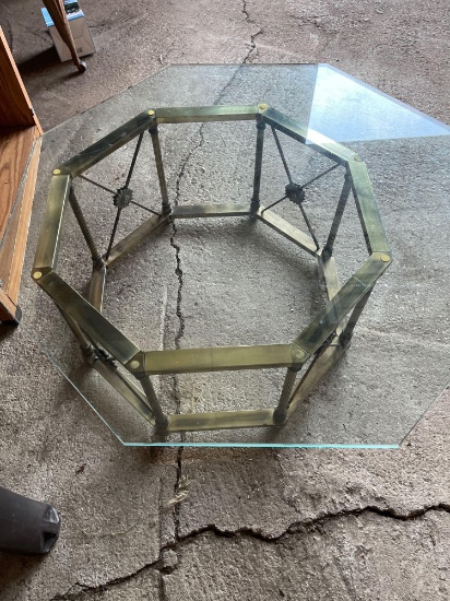 Octagon metal and glass coffee table and wooden stand on wheels